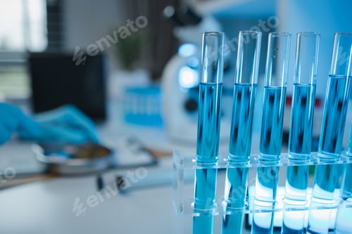 Preview: working atmosphere in the laboratory, chemistry and science specialist working in a lab with various