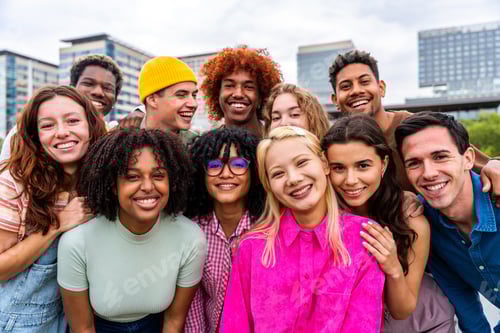 Preview: Happy playful multiethnic group of young friends bonding outdoors