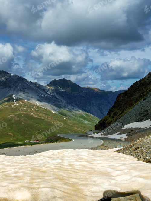 Preview: Mountain landscape along the road to Stelvio pass (Lombardy) at summer