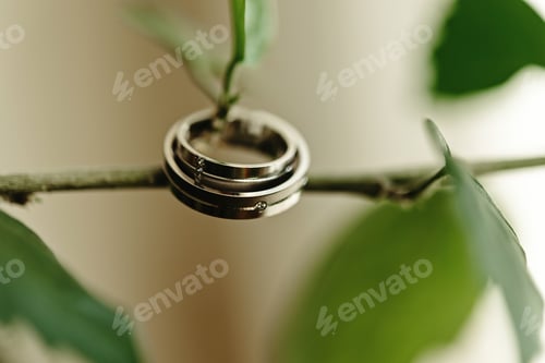 Preview: luxury gorgeous wedding rings with diamonds on beautiful green plant