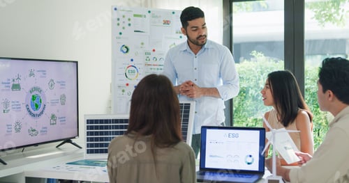 Preview: Group diverse Asia businesspeople talk ESG strategies risk management workshop, SDGs report.