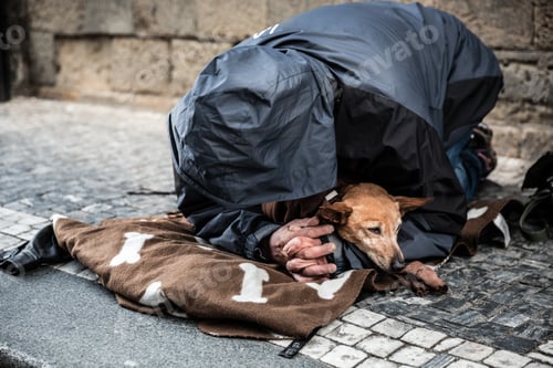 Preview: Beggar with dog begging for alms, European city