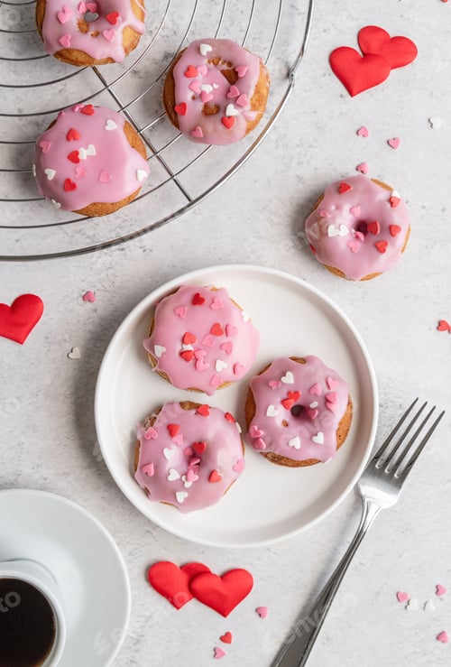 Preview: Valentine's Day concept. Pink glaze donuts with hearts