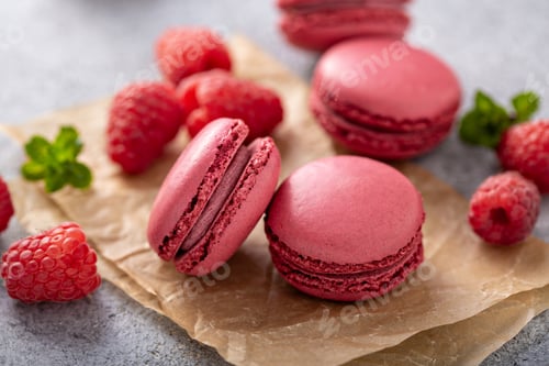 Vorschau: Himbeer-Macarons mit frischen Beeren