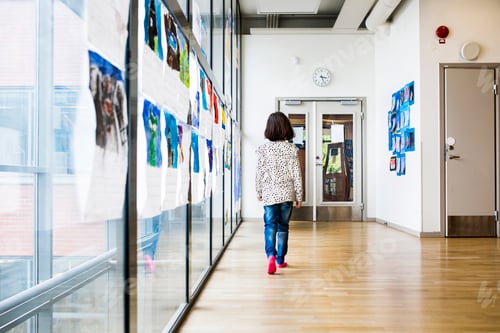 Preview: Girl (8-9) walking through school corridor