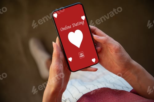 Preview: Woman holding a smartphone with a heart on the screen. Concept of online dating.