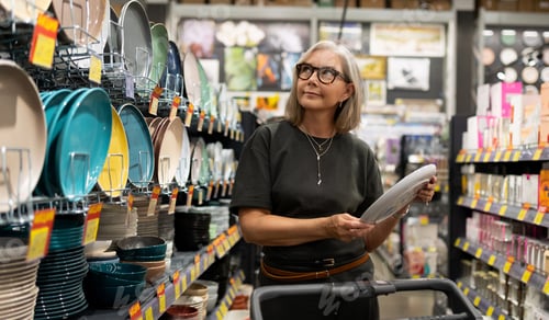 Preview: Shopping for dinnerware in a housewares store during the afternoon with a cheerful woman