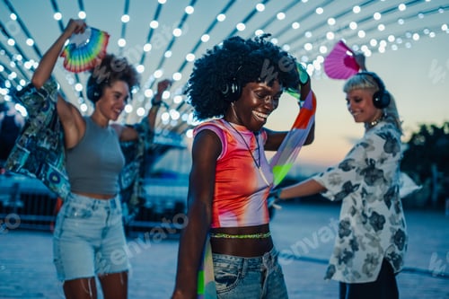 Preview: Happy multiracial female friends dancing at music festival at night