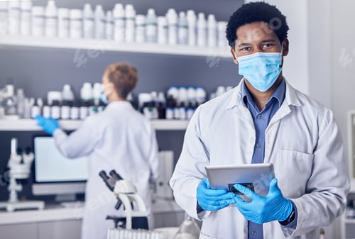 Preview: Portrait, science and black man with mask, tablet and laboratory for vaccine, cure or healthcare. M