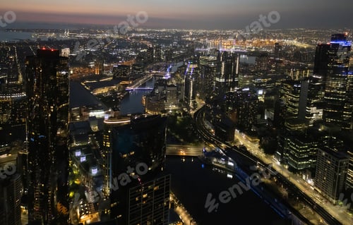 Preview: Australia scenic Melbourne downtown skyline panorama near Yarra River and financial business center