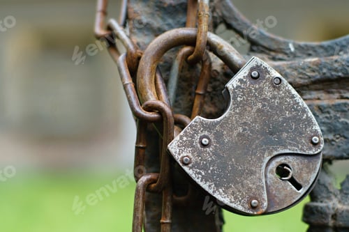 Preview: The Old Lock Through A Chain Weighs On A Column Of An Iron Fencing
