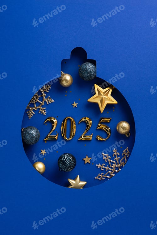 Preview: A stylish vertical blue Christmas ornament featuring gold decorations and the year 2025 in focus