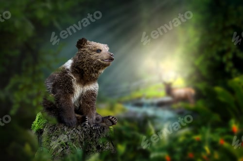 Preview: Bear cub sits on a stump in the middle of the forest