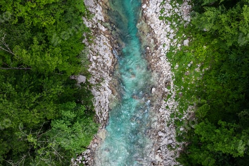 Preview: Aerial drone view of Soca river and green lush landscape in Slovenia at summer
