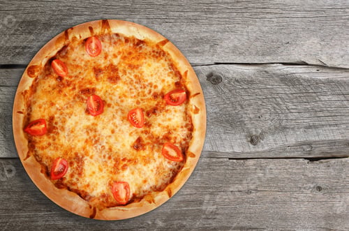 Preview: Delicious Pizza with Tomatoes on a Rustic Table