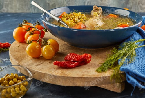 Preview: Pea soup with chicken, carrots, tomatoes and herbs in a deep plate on wooden board