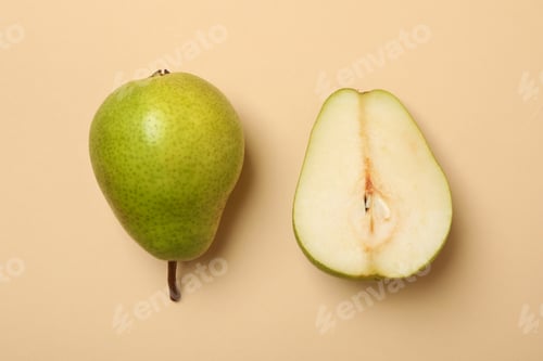 Preview: Fresh green pears on beige background, top view