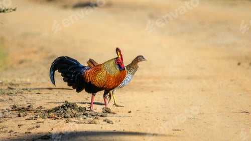 Preview: A male and female Sri Lankan junglefowl (Gallus lafayettii) forage together on a sunlit dirt track