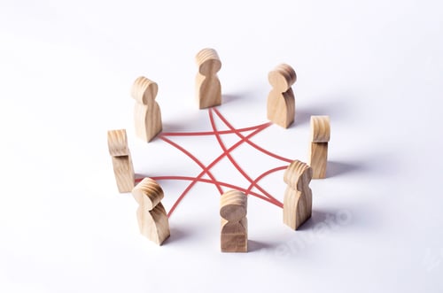 Preview: Circle of people interconnected by red curves lines