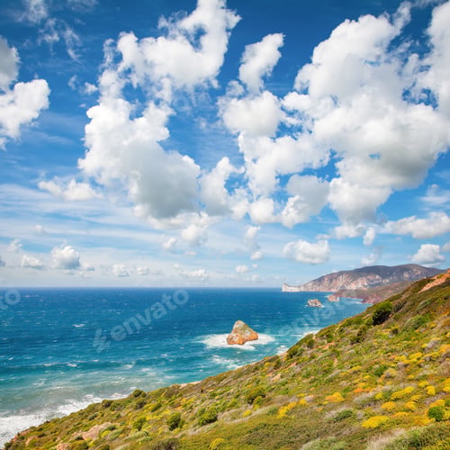 Aperçu: Astonishing spring view of Nebida and Masua coast and Pan Di Zucchero on background.