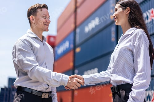 Preview: Caucasian businesswoman and businessman worker work in container port.