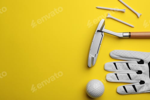 Preview: Set of golf equipment on color background, flat lay. Space for text