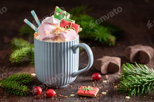 Preview: Homemade cocoa as cozy and beautiful Christmas background.
