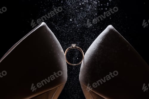 Preview: Gold ring of the bride with a pebble between white shoes with heels. Bride's precious ring