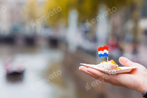 Preview: Tasty fresh herring with onion and netherland flag on the water channel background in Amsterdam