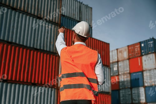Preview: Rear view. Controlling the process. Male worker is on the location with containers