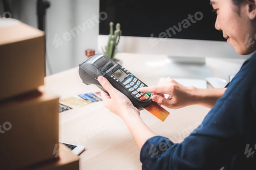 Preview: business paying with credit card machine, client purchase payment concept