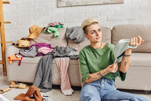 Preview: stylish tattooed woman holding cap and looking away while sitting on floor near couch with clothes