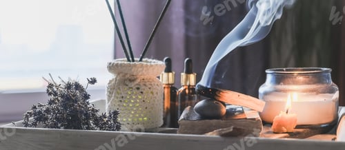 Preview: Wellness, health mental.Girl meditates yoga at home with aromatherapy palo santo Care,