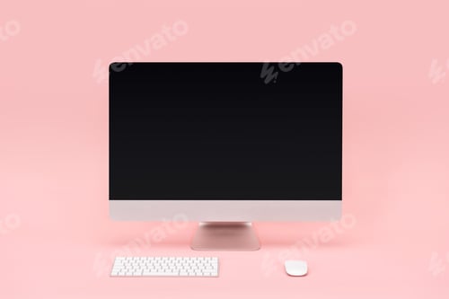 Preview: workplace with computer monitor, keyboard and computer mouse on pink background