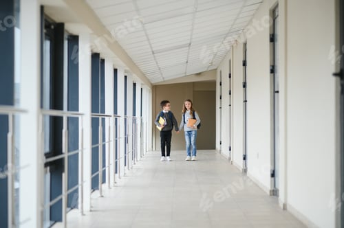 Preview: School kids in uniform together in corridor. Conception of education.