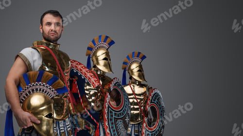 Preview: Ancient greek warriors standing in formation isolated on grey