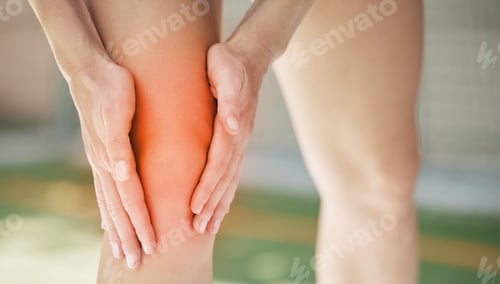 Preview: Red knee pain, legs and emergency of sports woman, athlete and runner training, body workout and ou