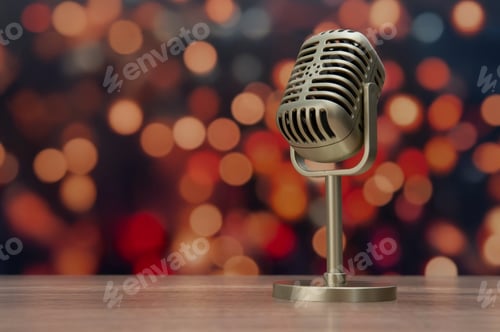 Preview: A vintage-style microphone on a stand, set against a blurred background of warm, glowing lights.
