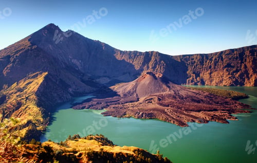 Preview: Horizontal shot of beautiful Rinjani volcano under the clear blue sky