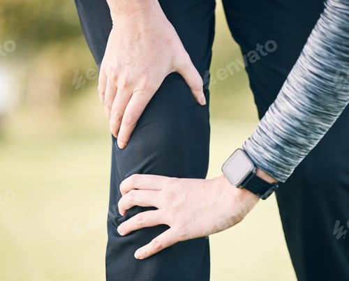Preview: Closeup woman, knee pain and injury for fitness, first aid emergency and exercise health risk at pa