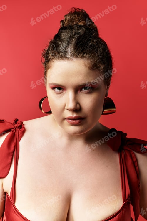 Preview: Fashionable young woman exudes confidence and style against a vibrant red backdrop