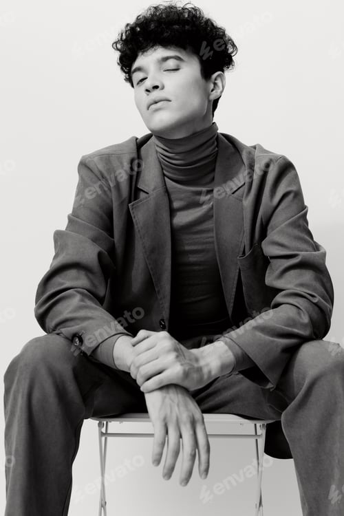 Preview: Trendy man black and studio white background style handsome suit beauty clothing fashion modern pose