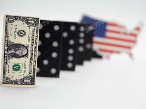 Preview: Dollar bill in front of a row of dominos and the United States of America-economy financial concept