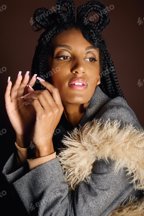 Preview: In a trendy setting, a stunning young woman showcases her unique hairstyle and fashion sense.