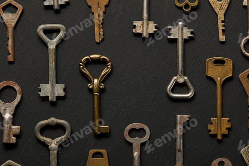 Preview: top view of vintage rusty keys on violet background