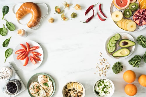 Preview: The top view of super food on the white marble table