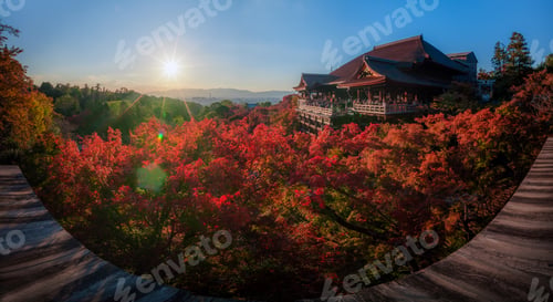 Preview: Panorama of Kiyomizu dera temple with red maple leaf and lens flare, Kyoto, Japan, Autumn season