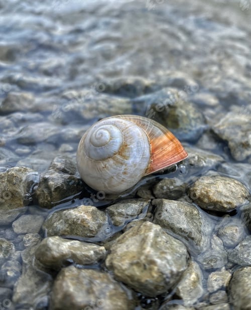 Preview: the snail shell lies on the stones and is washed by the wave