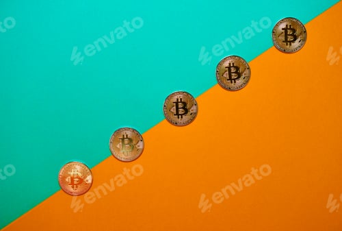 Preview: Bitcoin coins in ascending diagonal on green and orange background. Cryptocurrency