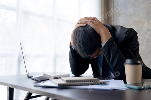 Preview: Asian businessman is stressed and eye strain and tired due to long working day on laptop computer